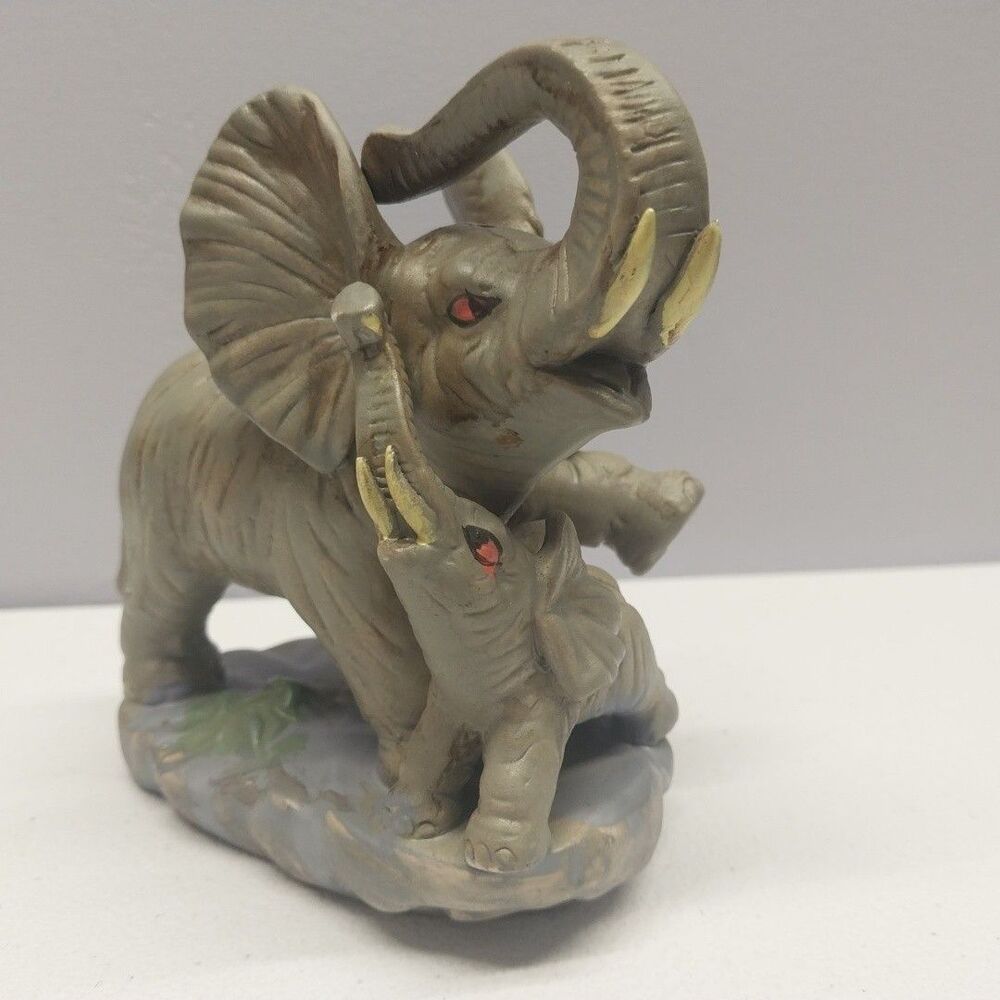 Vintage Ceramic Elephant Family Figurine Mother Baby Good Luck Raised Trunk 4.5"